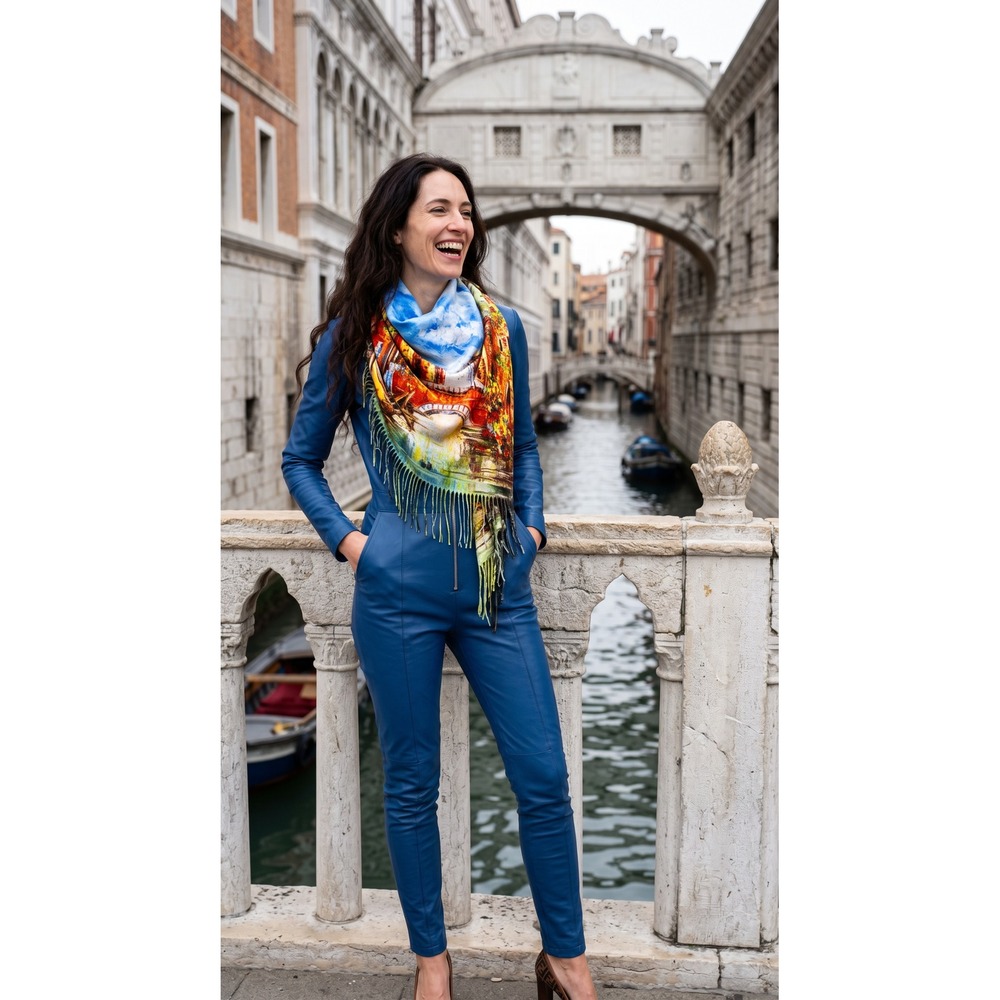 Venice Canal Art Scarf Wool Cashmere Blend Fringe Wrap Dopamine Art to Wear